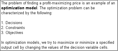Text Box: The problem of finding a profit-maximizing price is an example of an optimization model. The optimization problem can be characterized by the following:

1. Decisions
2. Constraints
3. Objectives

In optimization models, we try to maximize or minimize a specified output cell by changing the values of the decision variable cells.