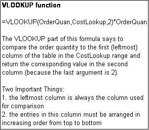 Text Box: VLOOKUP function

=VLOOKUP(OrderQuan,CostLookup,2)*OrderQuan

The VLOOKUP part of this formula says to compare the order quantity to the first (leftmost) column of the table in the CostLookup range and return the corresponding value in the second column (because the last argument is 2).

Two Important Things:
1. the leftmost column is always the column used for comparison
2. the entries in this column must be arranged in increasing order from top to bottom