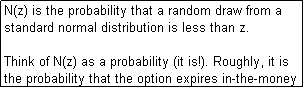 Text Box: N(z) is the probability that a random draw from a standard normal distribution is less than z.

Think of N(z) as a probability (it is!). Roughly, it is the probability that the option expires in-the-money